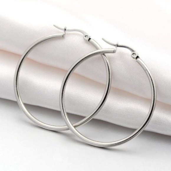 Polished Tube Hoop 2mm Thin Pierced Post Stud Earrings Silver Tone 1 1/2" 41mm - Picture 1 of 3